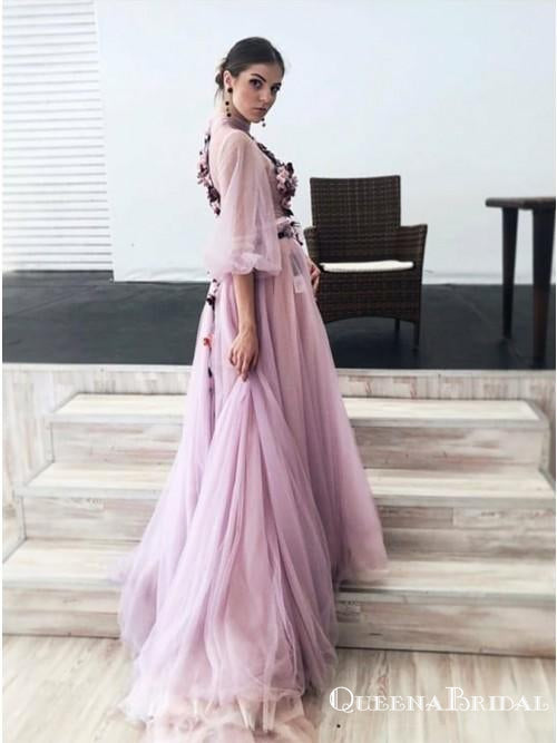 A-Line High Neck 3/4 Sleeves Lilac Long Cheap Prom Dresses with Flowers, QB0795