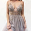 A Line Spaghetti Straps Grey Long Prom Dresses With Beading Split, QB0585