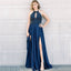 A Line Halter Keyhole Navy Blue Prom Dresses With Beading Split, QB0588