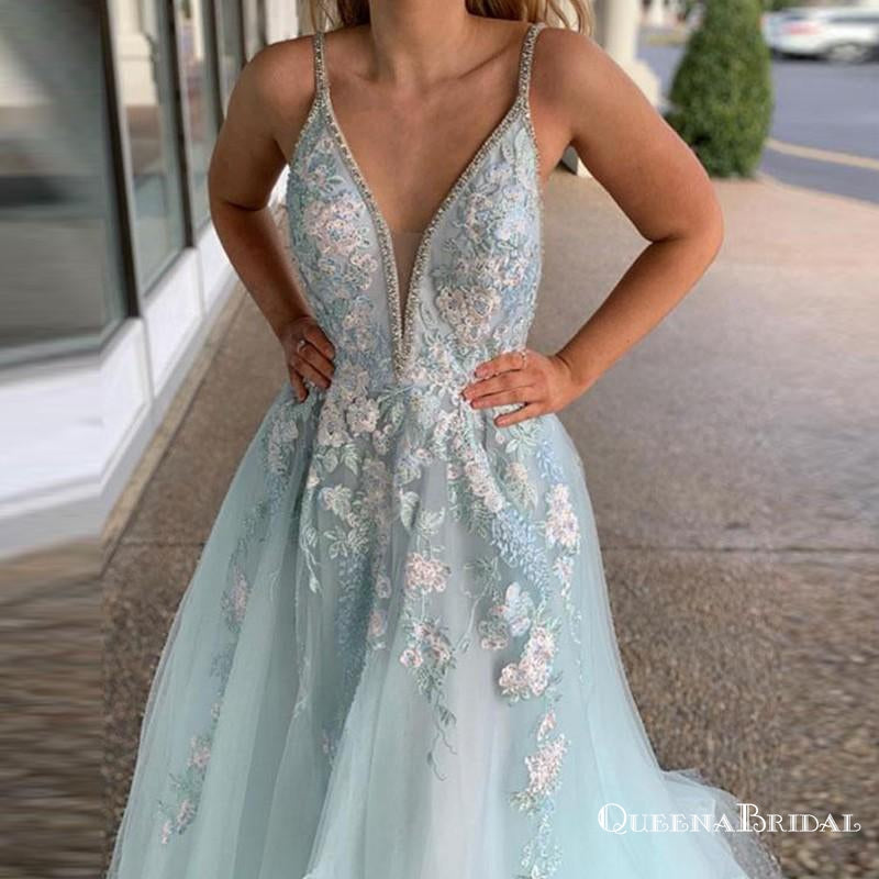 A Line Spaghetti Straps Light Blue Prom Dresses With Beading Appliques, QB0682