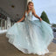 A Line Spaghetti Straps Light Blue Prom Dresses With Beading Appliques, QB0682