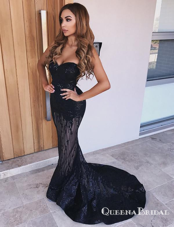 Sweetheart Black Lace Mermaid Evening Gowns Prom Dresses with Sequins, QB0771