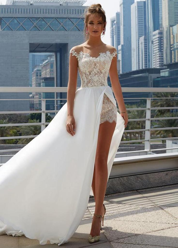 Off Shoulder See Through Cheap Wedding Dresses Online, Side Slit A-line Bridal Dresses, QB0383