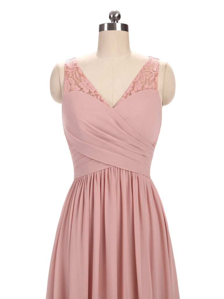 Dusty Pink V Neck Lace Straps Long Chiffon Cheap Bridesmaid Dresses Online, WG280