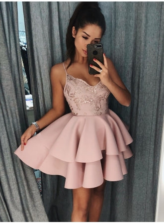 Elegant Spaghetti-Straps Sequins Pink Short Cheap Homecoming Dresses, QB0832