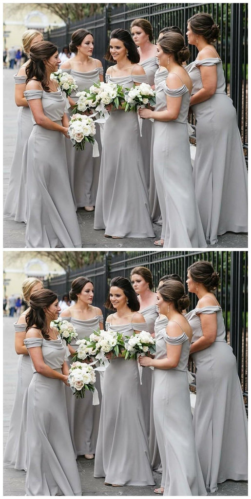 Off Shoulder Spahgetti Straps Grey Chiffon Long Bridesmaid Dresses Online, WG210