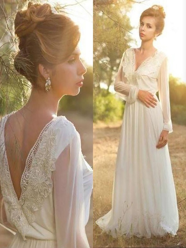 Long Sleeve Unique Casual Custom Cheap Beach Wedding Dresses, WD315