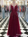 Deep V Neck Burgundy Long Appliques Evening Party Prom Dresses, QB0756