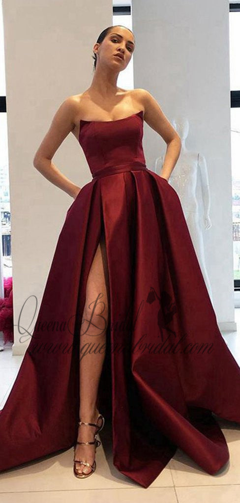 Simple Side Slit Cheap Maroon A-line Long Evening Prom Dresses, QB0423