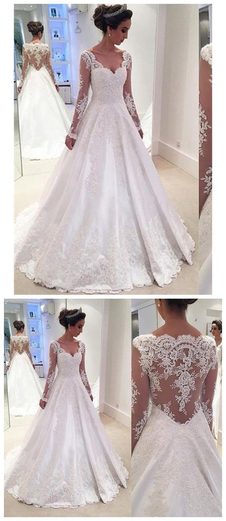 Long Sleeve Lace A-line Cheap Wedding Dresses Online, WD335