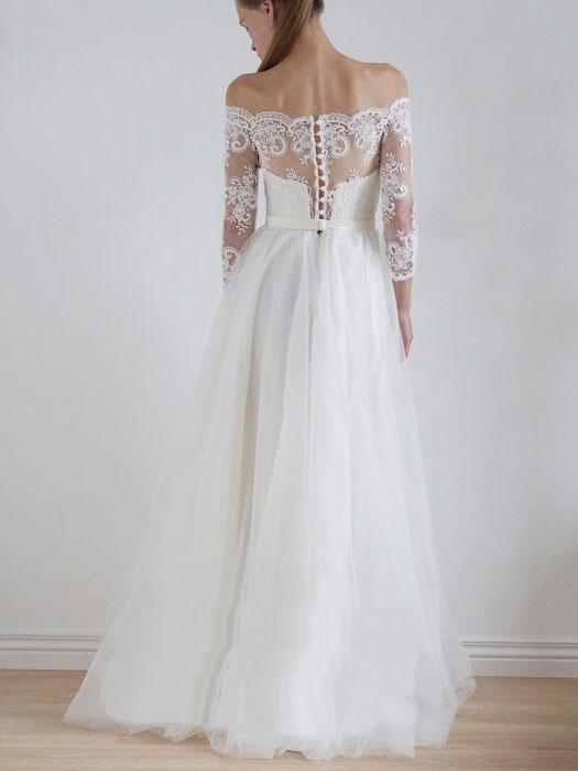 Off Shoulder Long Sleeve Lace A-line Cheap Wedding Dresses Online, WD336