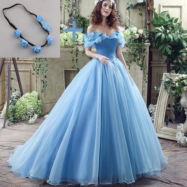 Blue Princess Off Shoulder A-line Long Evening Prom Dresses, QB0379