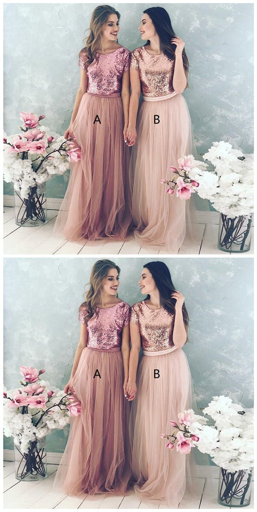 Sequin Bodice Tulle Skirt Cheap Long Bridesmaid Dresses With Sleeves, WG218