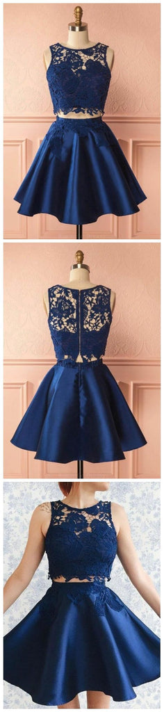 Sexy Two Pieces Navy Blue Illusion Lace Cheap Short Homecoming Dresses 2018, CM556