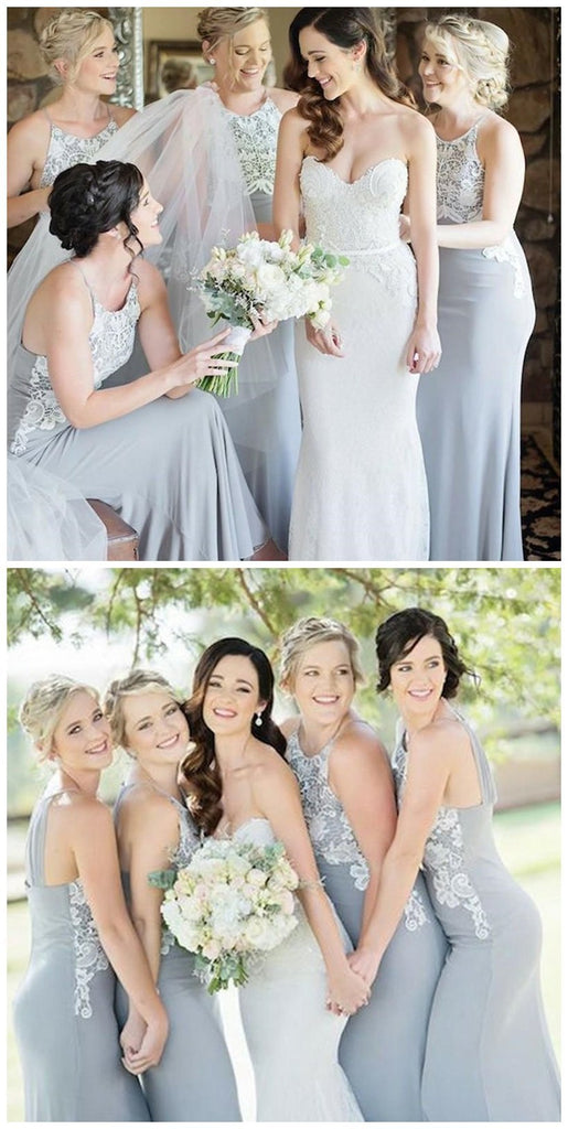 Halter Unique Lace Mermaid Cheap Long Grey Bridesmaid Dresses Online, WG217