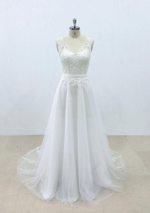 Simple V Neck Tulle Skirt Lace A-line Wedding Dresses Online, WD394