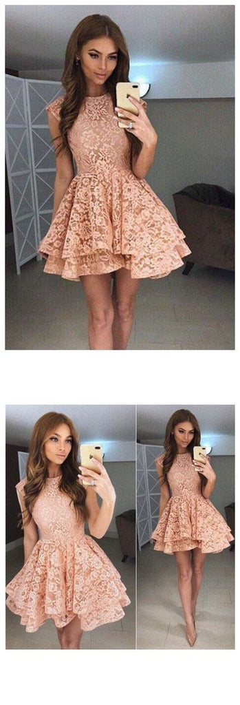 High Neck Peach Lace Cute Short Homecoming Dresses 2018, CM559