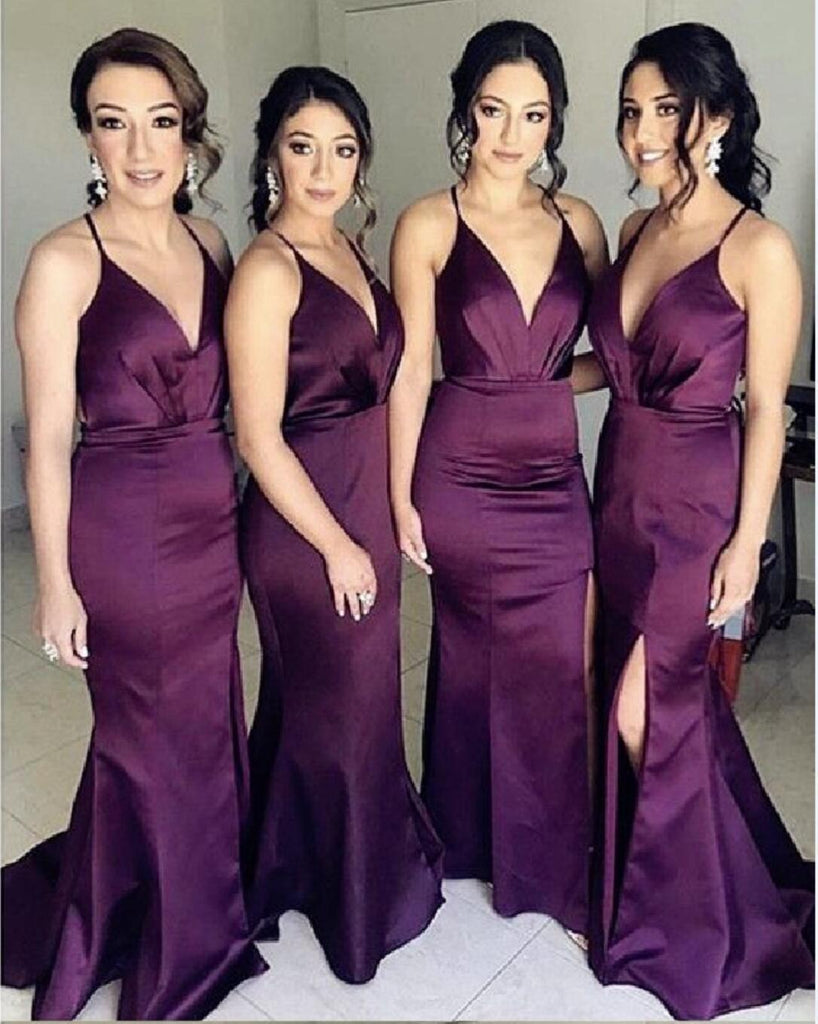 Purple Side Slit Mermaid Cheap Long Bridesmaid Dresses Online, WG285