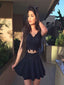 Two Piece V-Neck Short Black Satin Homecoming Dresses with Lace Applique, QB0047