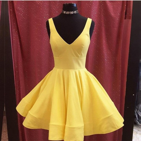 Simple A-Line V-Neck Sleeveless Short Yellow Cheap Homecoming Dresses, QB0042