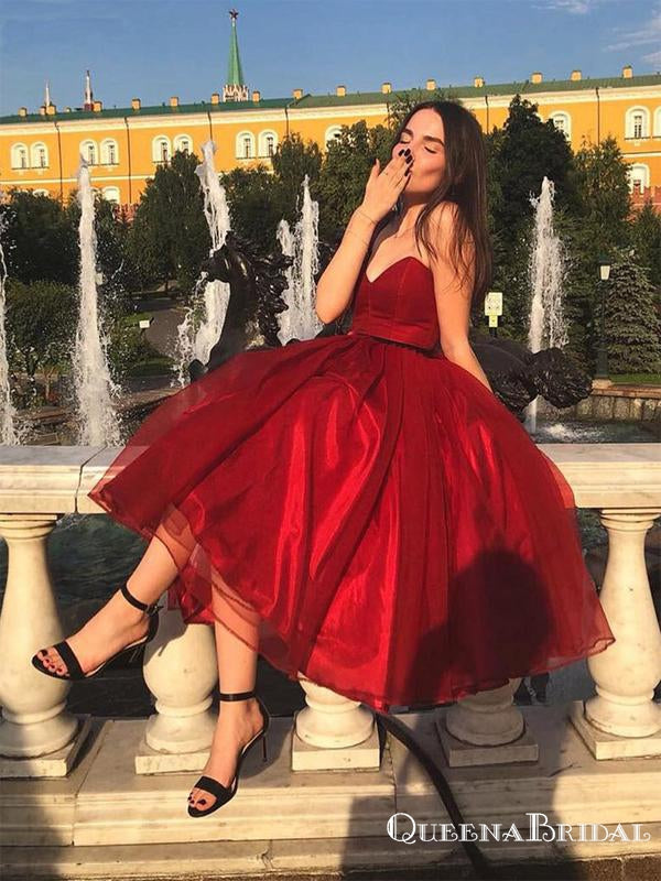 New Design Sweetheart Organza Burgundy Tea Length Ball Gown Graduation Homecoming Dresses, HDS0001