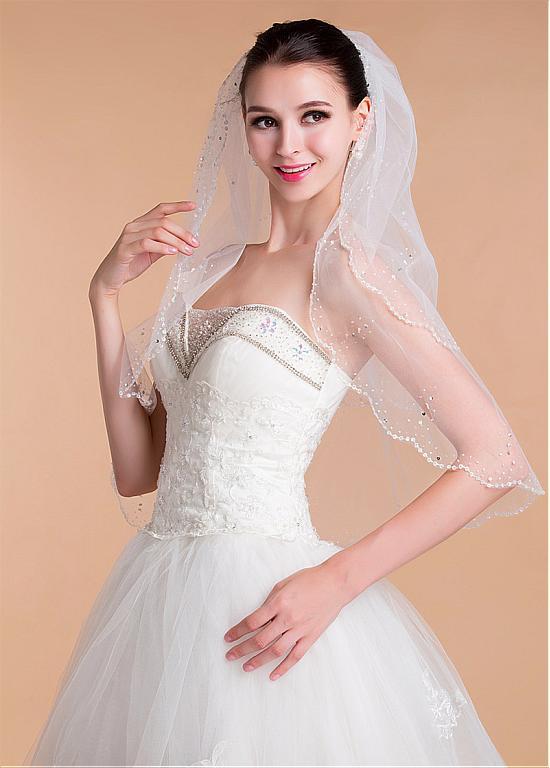 Shinning Tulle Double Layer Short Wedding Veil With Beading ,WV0124