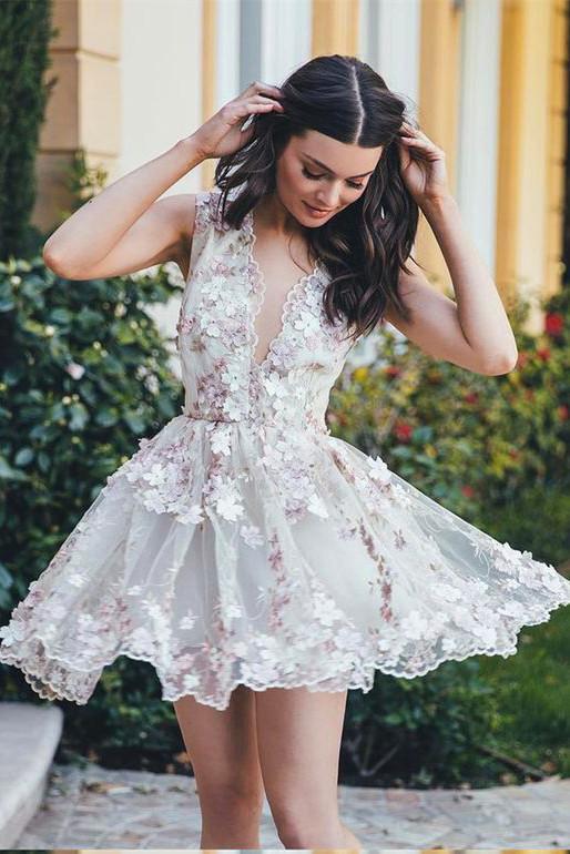 V Neck Lace Handmade Flower Cute Cheap Short Homecoming Dresses 2018, CM557