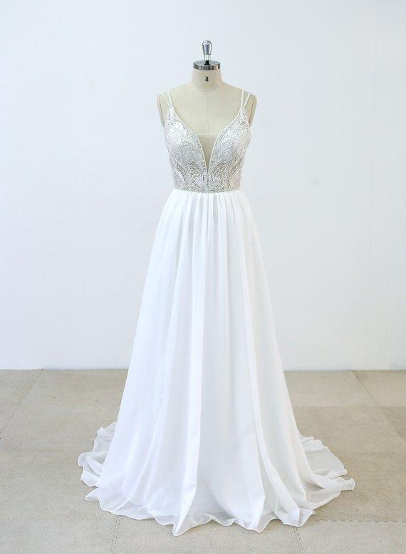 Spaghetti Straps Lace Beaded Cheap Beach Wedding Dresses Online, WD377