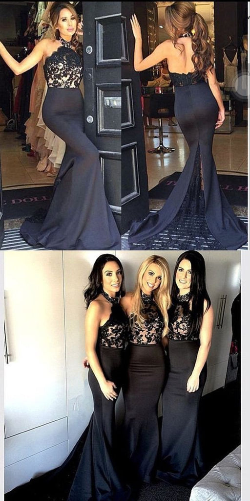 Women Black Lace Halter Mermaid Sexy Long Affordable Impressive Bridesmaid Dresses, WG25