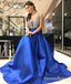 A-Line V-Neck Long Cheap Royal Blue Satin Prom Dresses With Beaded, QB0684