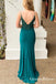 Spaghetti Strap Mermaid V-Back Long Teal Cheap Prom Dresses with Slit, QB0767