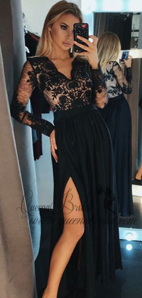 Charming Long Sleeves Black Side Slit Long Evening Prom Dresses, QB0402