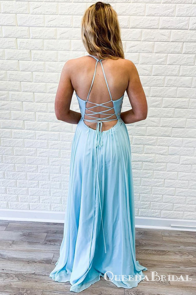 Deep V-neck  Lace-Up Long Cheap Sky Blue Prom Dresses with Appliques, QB0766