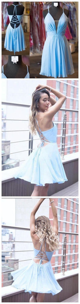 Sexy Casual Chiffon Blue Spaghetti Straps Short Cheap Homecoming Dresses Online, CM566