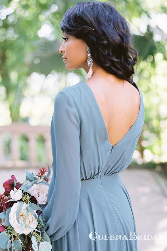 Simple V Neck Long Sleeve Backless A Line Chiffon Bridesmaid Dresses, QB0849