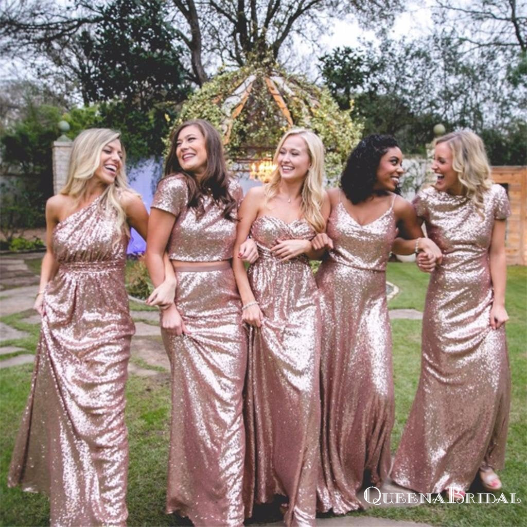 Mismatched Long Cheap Rose Gold Sequined Bridesmaid Dresses, QB0487