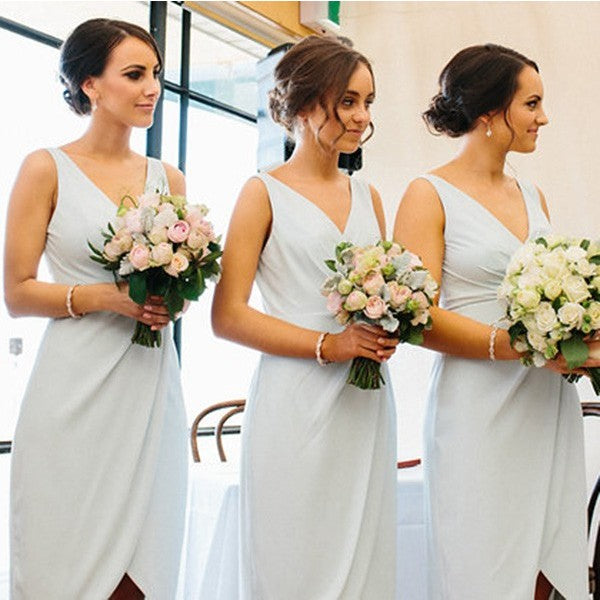 Sexy V-Neck Sleeveless Asymmetry Light Blue Satin Short Cheap Bridesmaid Dresses Online, QB0166