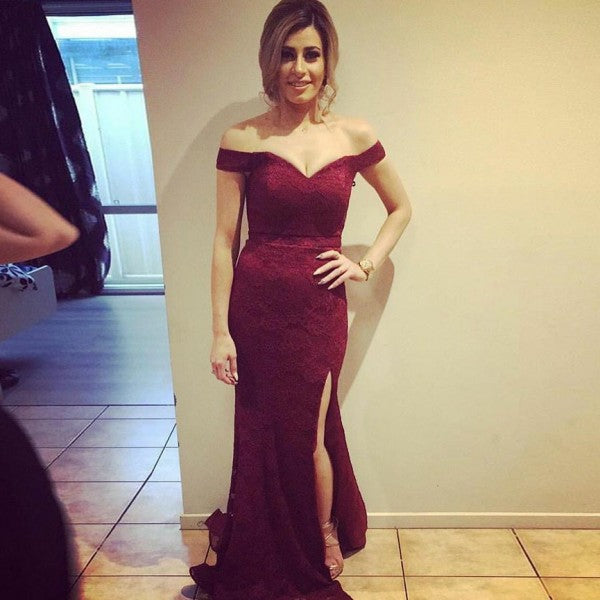 Mermaid Off-Shoulder Long Cheap Burgundy Lace Bridesmaid Dresses Online, QB0120