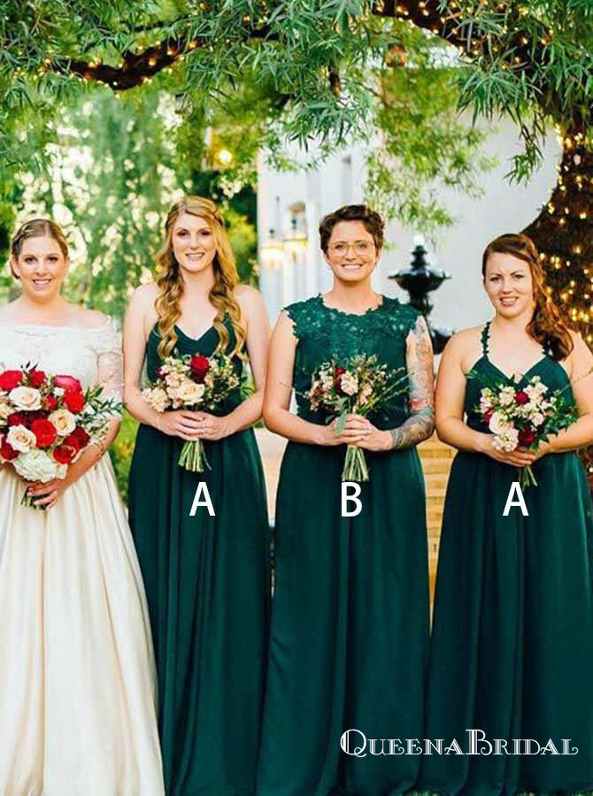 A-Line Spaghetti Straps Dark Green Chiffon Bridesmaid Dresses with Lace, QB0703