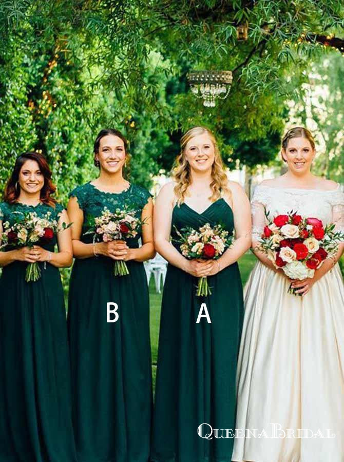 A-Line Spaghetti Straps Dark Green Chiffon Bridesmaid Dresses with Lace, QB0703