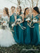 A-Line V-Neck Long Cheap Turquoise Tulle Bridesmaid Dresses, QB0702