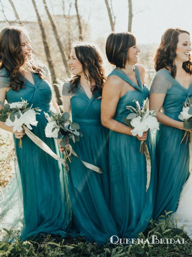 A-Line V-Neck Long Cheap Turquoise Tulle Bridesmaid Dresses, QB0702