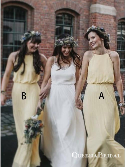 A-Line Halter Floor Length Pleated Yellow Chiffon Bridesmaid Dresses, QB0721