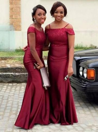 Burgund Off Shoulder Mermaid Long Cheap Bridesmaid Dresses Online, WG263