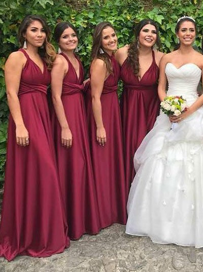 A-Line V-Neck Floor Length Pleated Pink Cheap Bridesmaid Dresses, QB0845