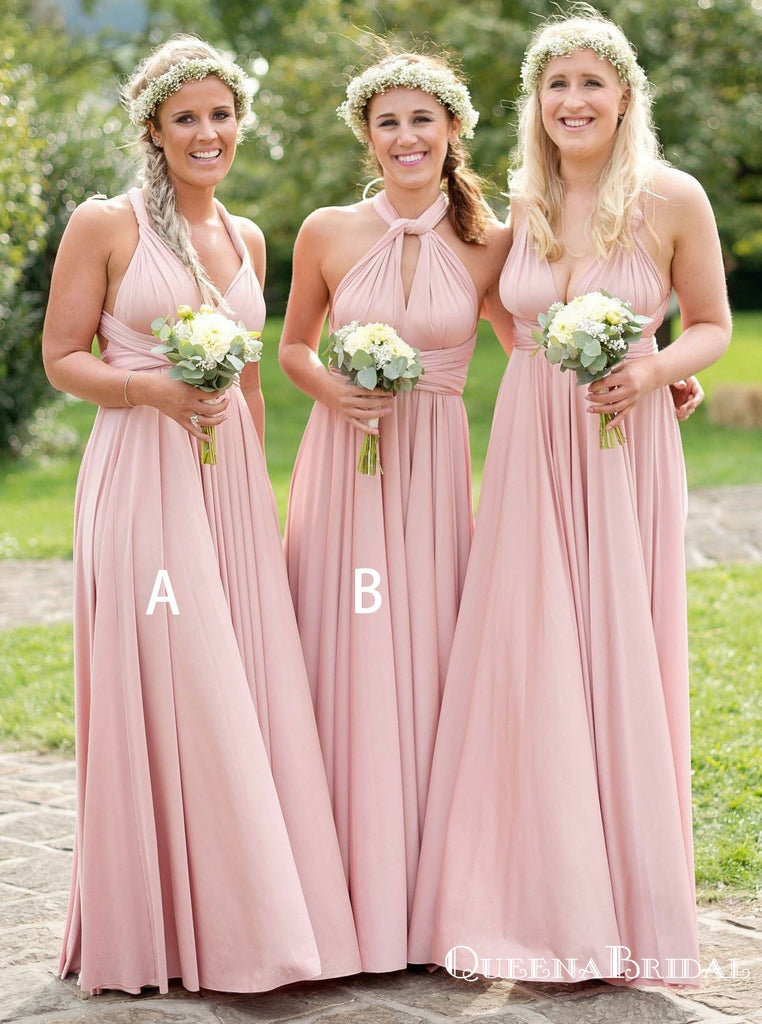 A-Line V-Neck Floor Length Pleated Pink Cheap Bridesmaid Dresses, QB0845