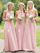 A-Line V-Neck Floor Length Pleated Pink Cheap Bridesmaid Dresses, QB0845