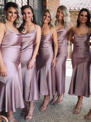 Spahgetti Straps Dusty Purple Tea Length Cheap Custom Bridesmaid Dresses Online, WG270