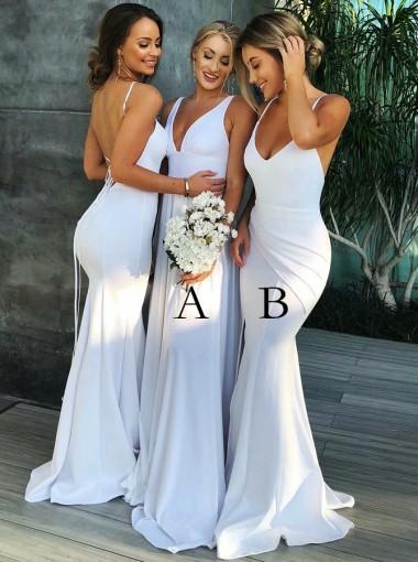 White V Neck Mermaid Long Cheap Custom Bridesmaid Dresses Online, WG271