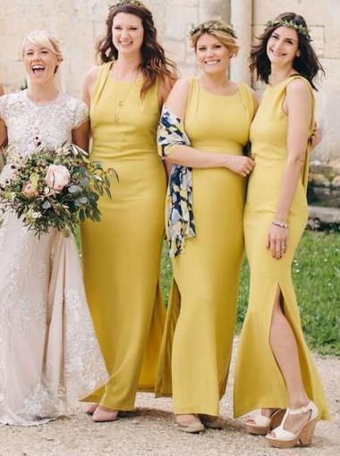 Yellow Side Slit Mermaid Long Cheap Custom Bridesmaid Dresses Online, WG272